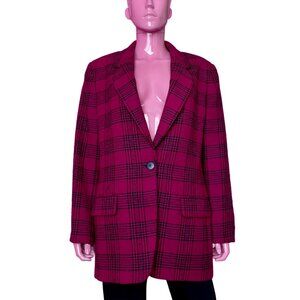 Vintage 90s M/L Wool Blazer Tweed Magenta Pink Navy Blue Plaid Suit Jacket Party